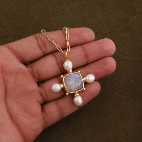 Rainbow Moonstone with Pearl Gold Plated Statement Necklace