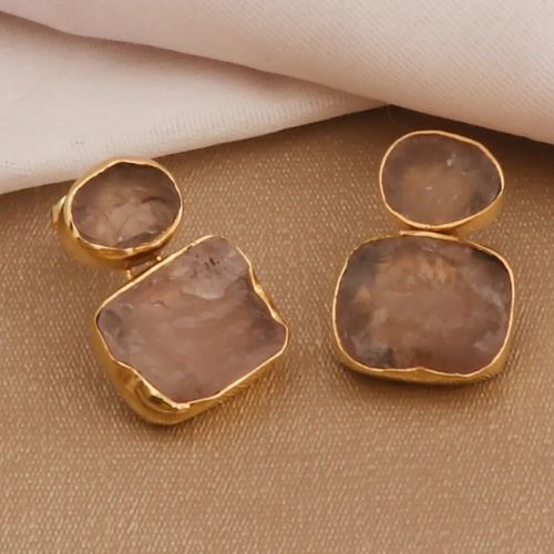 Raw Rose Quartz Double Stone Birthstone Gold Plated Studs