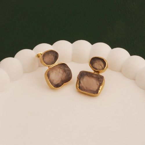 Raw Rose Quartz Double Stone Birthstone Gold Plated Studs