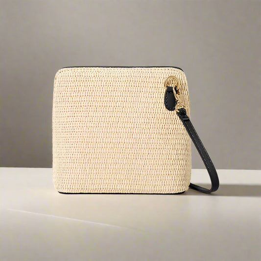 Italian Handmade Raffia & Leather Small Square Crossbody Bag - Black Strap