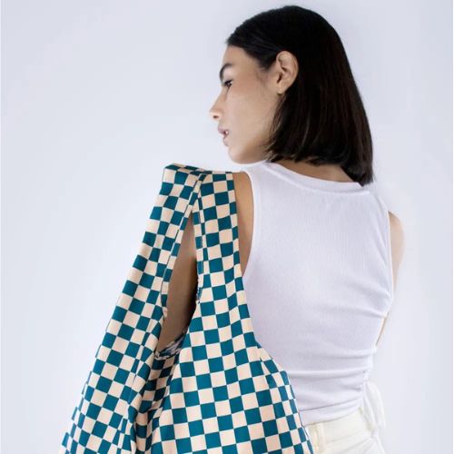 Checkerboard Teal & Beige | Medium Reusable Bag