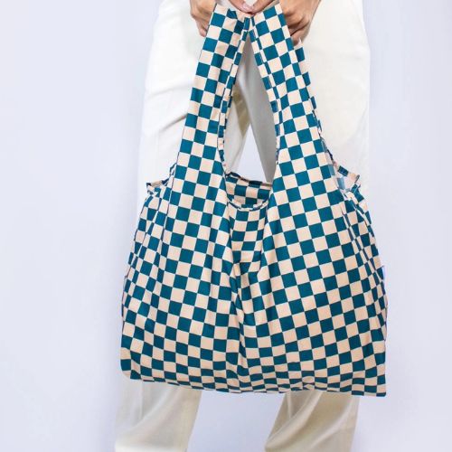 Checkerboard Teal & Beige | Medium Reusable Bag