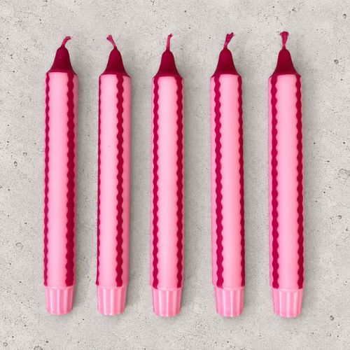 Pink & Burgundy Hand Dipped Scallop Stripe Dinner Candles