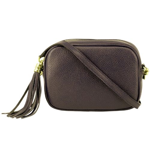 Italian Genuine Leather Crossbody Camera Bag with Tassel Zip - Dark Chocolate