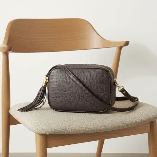Italian Genuine Leather Crossbody Camera Bag with Tassel Zip - Dark Chocolate