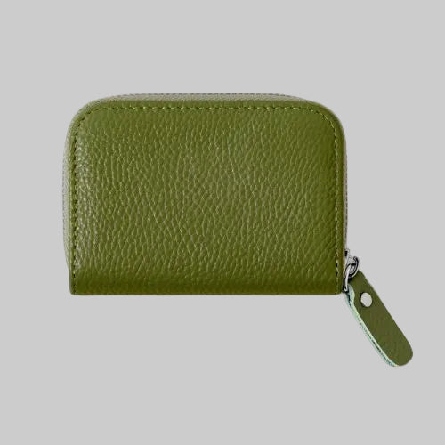 Italian Genuine Leather Mini Zip Card Holder - Olive Green