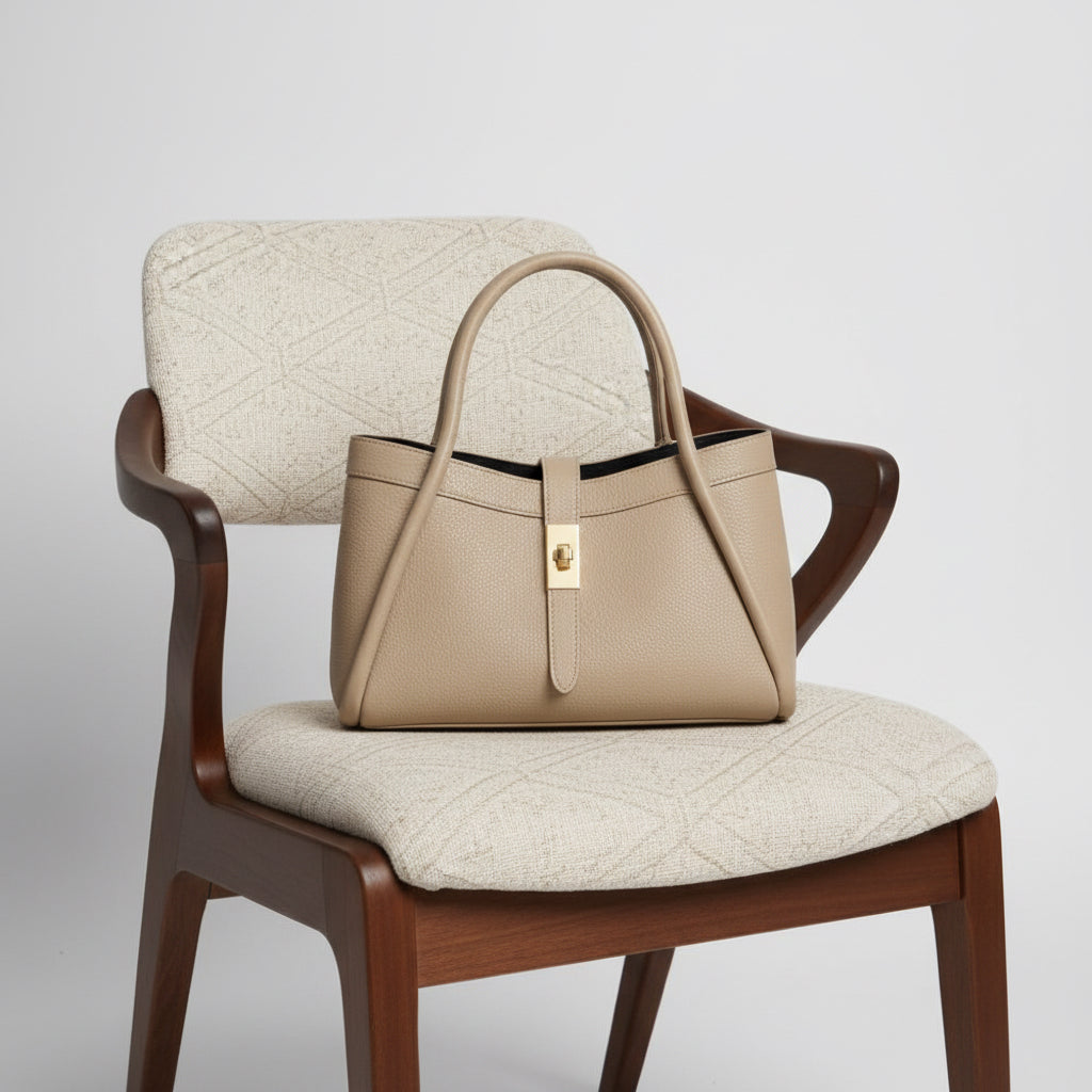 Italian Genuine Leather Tote Bag with Detachable Inner Pouch - Light Taupe