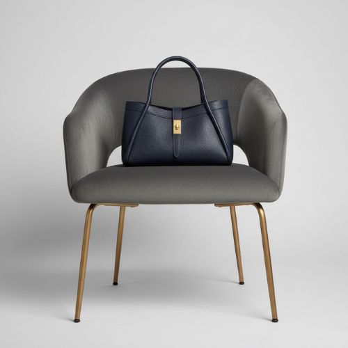 Italian Genuine Leather Tote Bag with Detachable Inner Pouch - Navy