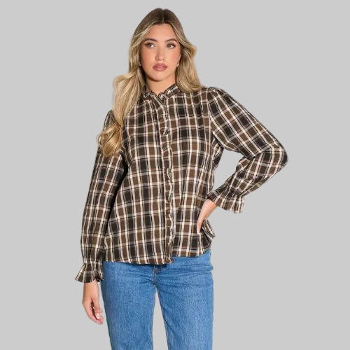 Plaid Check Ruffled Collar Shirt - Brown