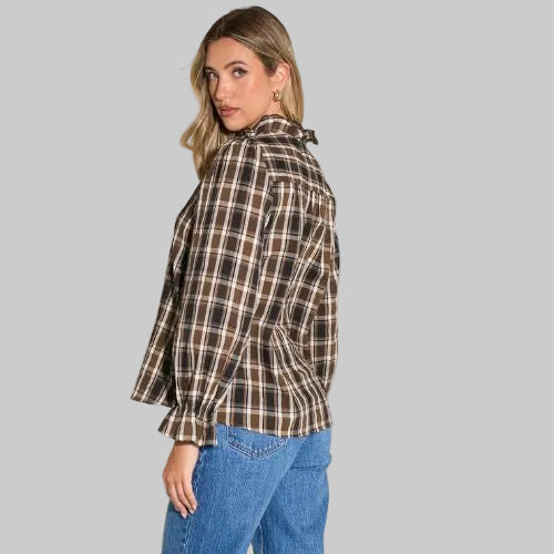 Plaid Check Ruffled Collar Shirt - Brown