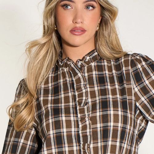 Plaid Check Ruffled Collar Shirt - Brown