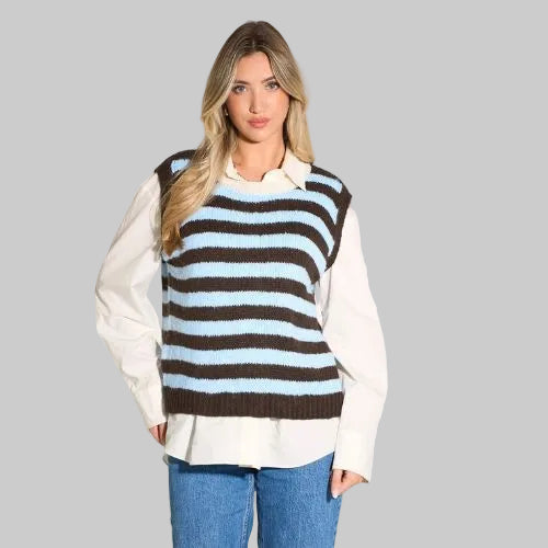 Striped Italian Wool Blend Tank Top -  Brown/Blue