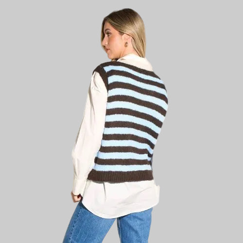 Striped Italian Wool Blend Tank Top -  Brown/Blue