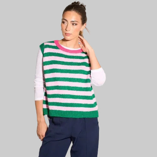 Striped Italian Wool Blend Tank Top - Green/Fuchsia