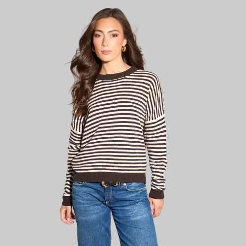 Striped Long Sleeve Italian Cashmere Wool Blend Jumper -  Brown/Cream