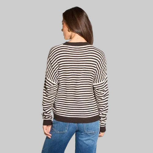 Striped Long Sleeve Italian Cashmere Wool Blend Jumper -  Brown/Cream