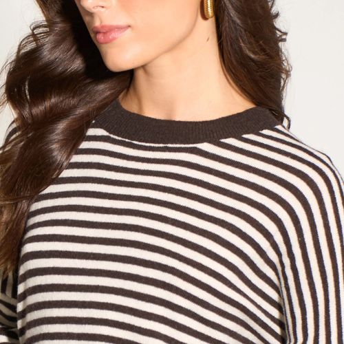 Striped Long Sleeve Italian Cashmere Wool Blend Jumper -  Brown/Cream