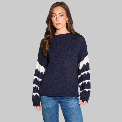 Striped Sleeve Italian Wool Blend Jumper -  Navy Blue/Cream