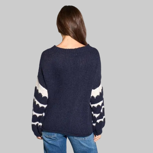 Striped Sleeve Italian Wool Blend Jumper -  Navy Blue/Cream