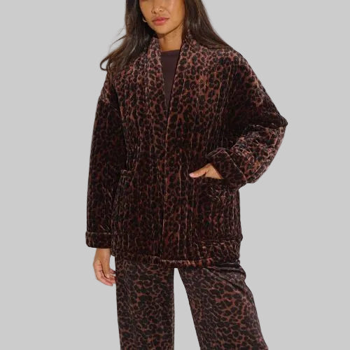 Velvet Leopard Print Kimono Jacket -  Brown