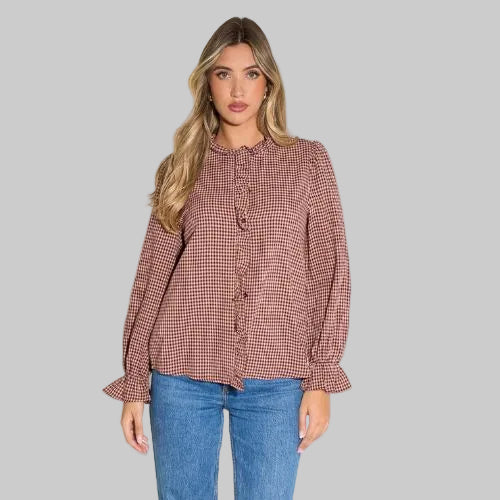 Gingham Ruffled Collar Shirt - Red