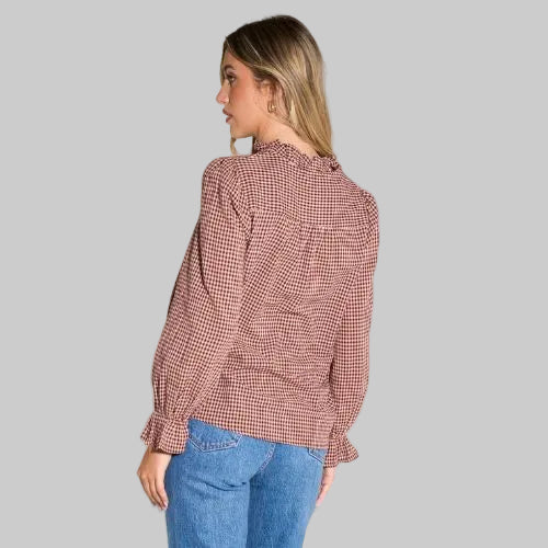Gingham Ruffled Collar Shirt - Red