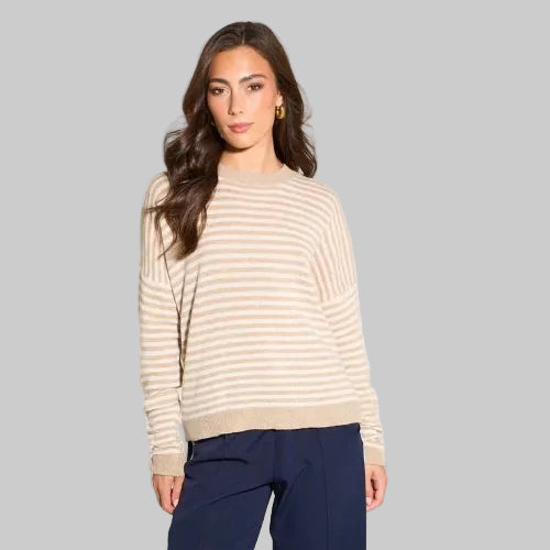 Striped Long Sleeve Italian Cashmere Wool Blend Jumper - Beige Cream
