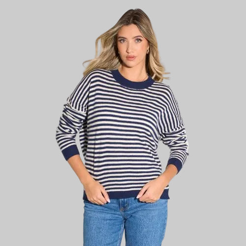 Striped Long Sleeve Italian Cashmere Wool Blend Jumper - Navy Blue/Cream