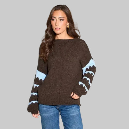 Striped Sleeve Italian Wool Blend Jumper - Brown/Blue