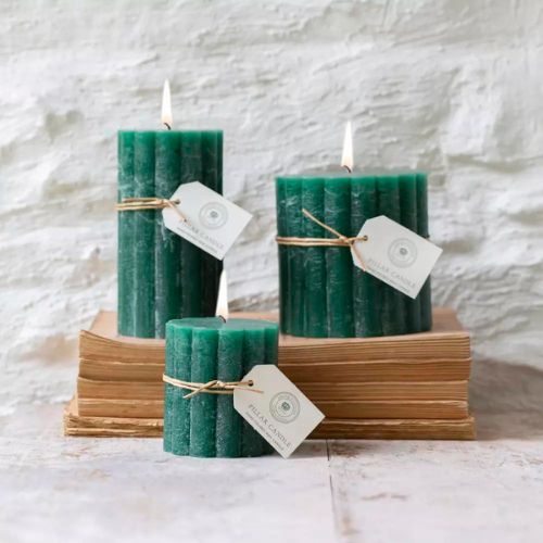 Rustic Scalloped Pillar Candle  - Emerald