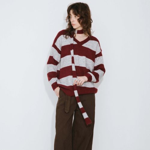 Oversized V-Neck Contrast Striped Sweater with Scarf - Dark Red