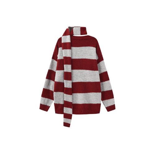 Oversized V-Neck Contrast Striped Sweater with Scarf - Dark Red