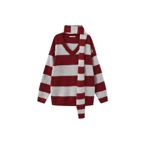 Oversized V-Neck Contrast Striped Sweater with Scarf - Dark Red