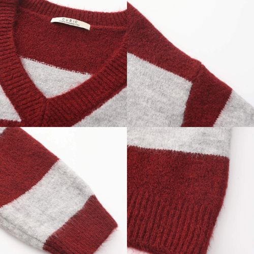 Oversized V-Neck Contrast Striped Sweater with Scarf - Dark Red