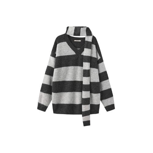 Oversized V-Neck Contrast Striped Sweater with Scarf - Grey