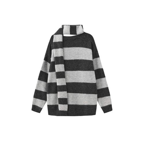 Oversized V-Neck Contrast Striped Sweater with Scarf - Grey