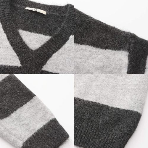 Oversized V-Neck Contrast Striped Sweater with Scarf - Grey