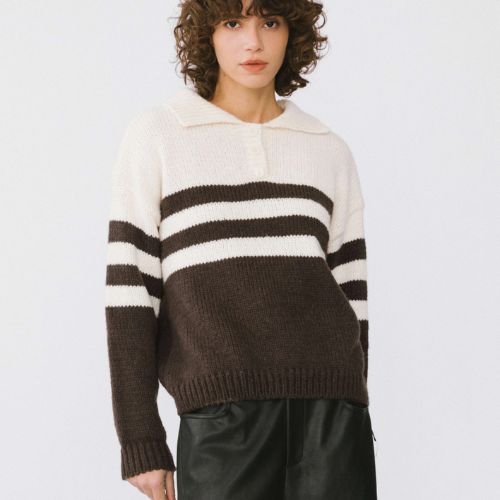 Polo Collar Striped Knit Sweater - Beige