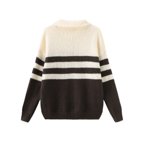 Polo Collar Striped Knit Sweater - Beige