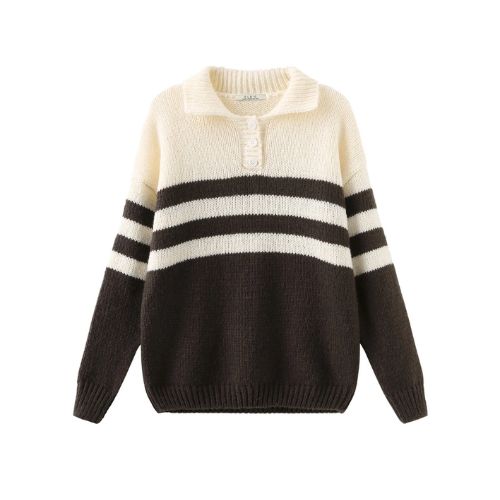 Polo Collar Striped Knit Sweater - Beige