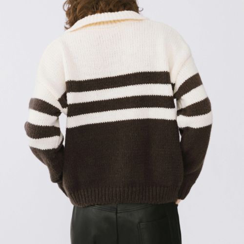 Polo Collar Striped Knit Sweater - Beige