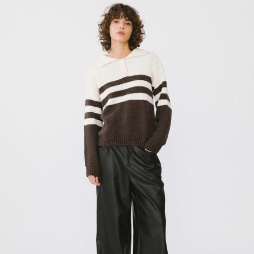 Polo Collar Striped Knit Sweater - Beige