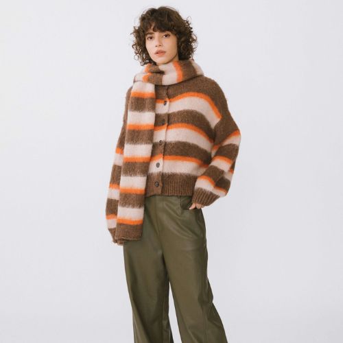 Striped Colour Block Wool Knit Cardigan with Scarf - Coffee