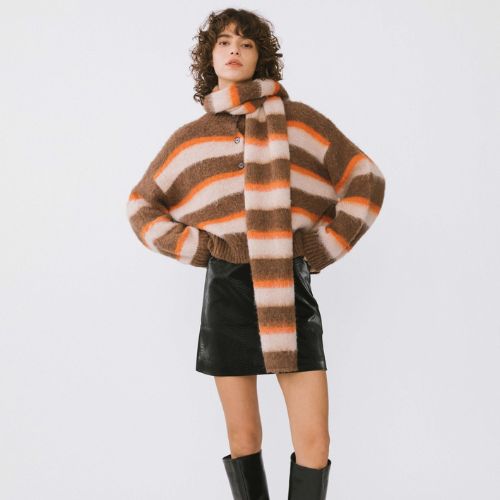 Striped Colour Block Wool Knit Cardigan with Scarf - Coffee