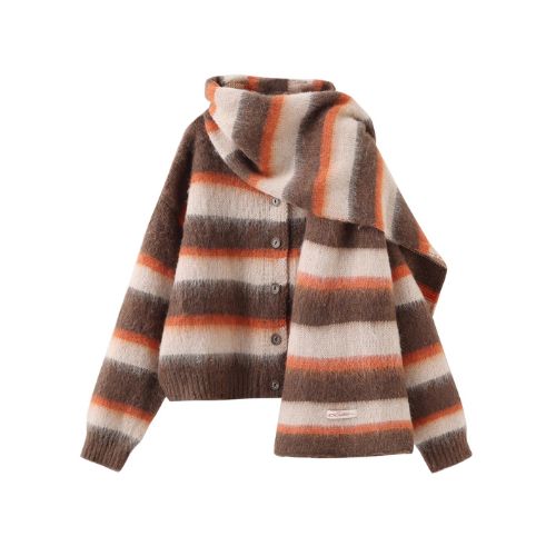 Striped Colour Block Wool Knit Cardigan with Scarf - Coffee