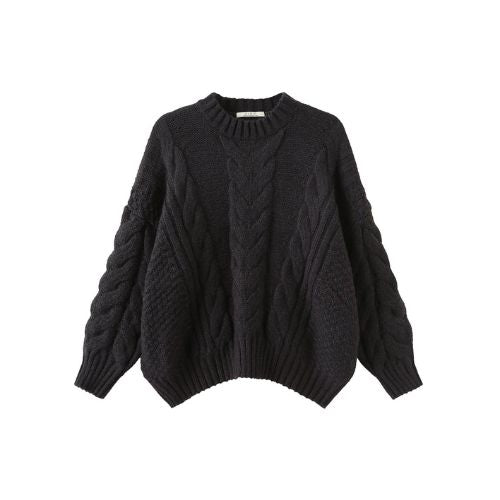 Wide Cable Knit Sweater - Black