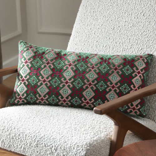 Laurel Embroidered Velvet Cushion - Cerise/Jade