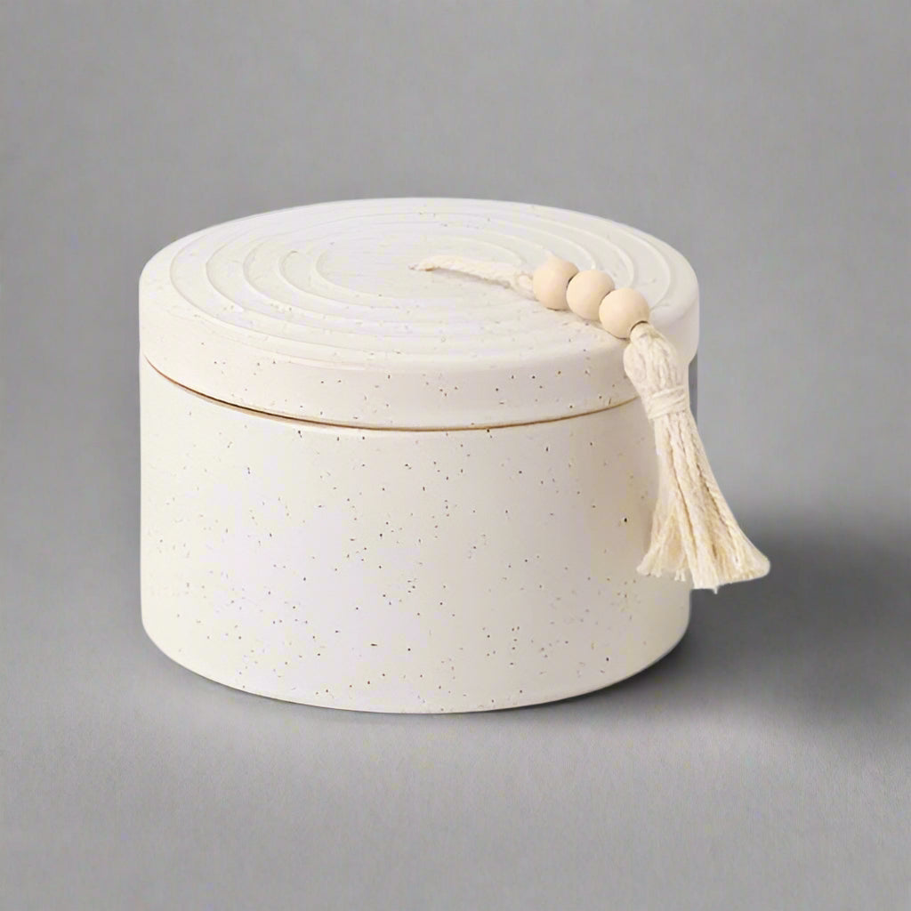 Cypress & Fir Ceramic Candle With Lid & Beaded Hang Tag  - White Speckled