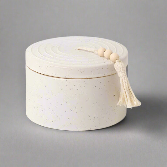 Cypress & Fir Ceramic Candle With Lid & Beaded Hang Tag  - White Speckled
