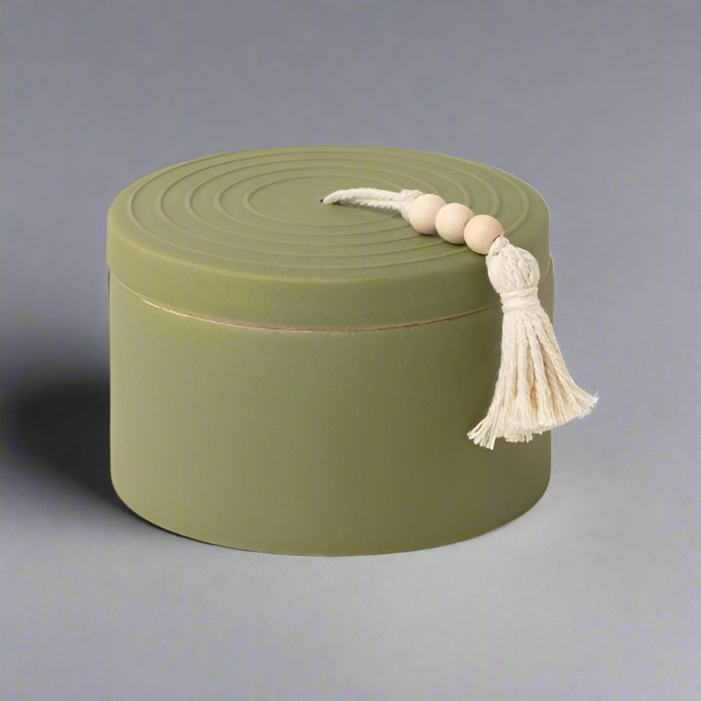 Cypress & Fir Ceramic Candle With Lid & Beaded Hang Tag - Sage Green